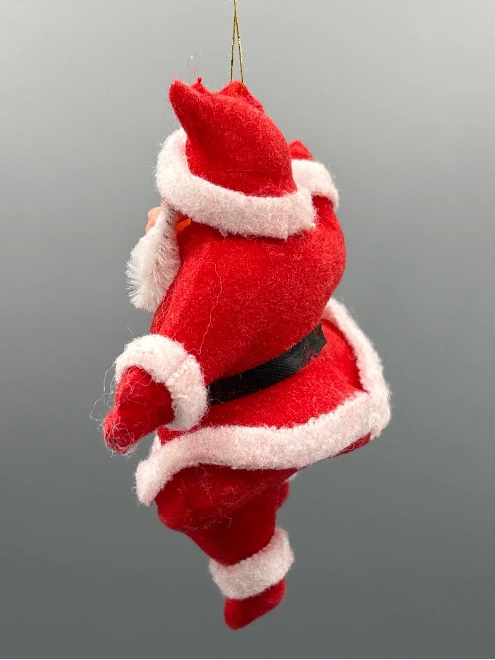 Vintage Santa Claus Flocked Ornament Red Mid Century Dancing Merry 4 Inch Figure